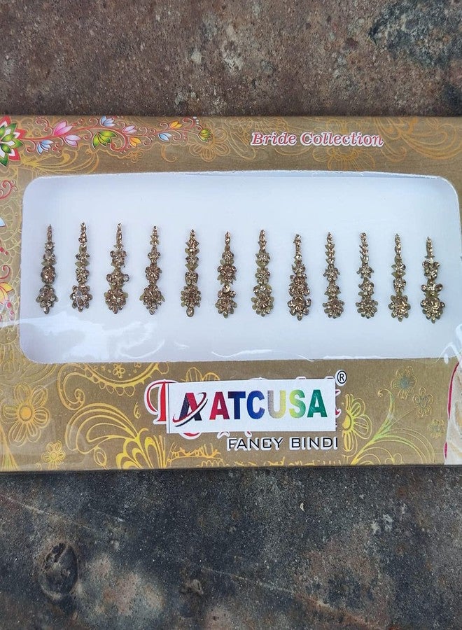 ATCUSA 12 Golden Long Crystal Bindi Bridal face Jewels Forehead Tika Indian Bindis for women bindi Indian multicolor round long small gold (Long 12 Bindi - Golden Color) - Image 2